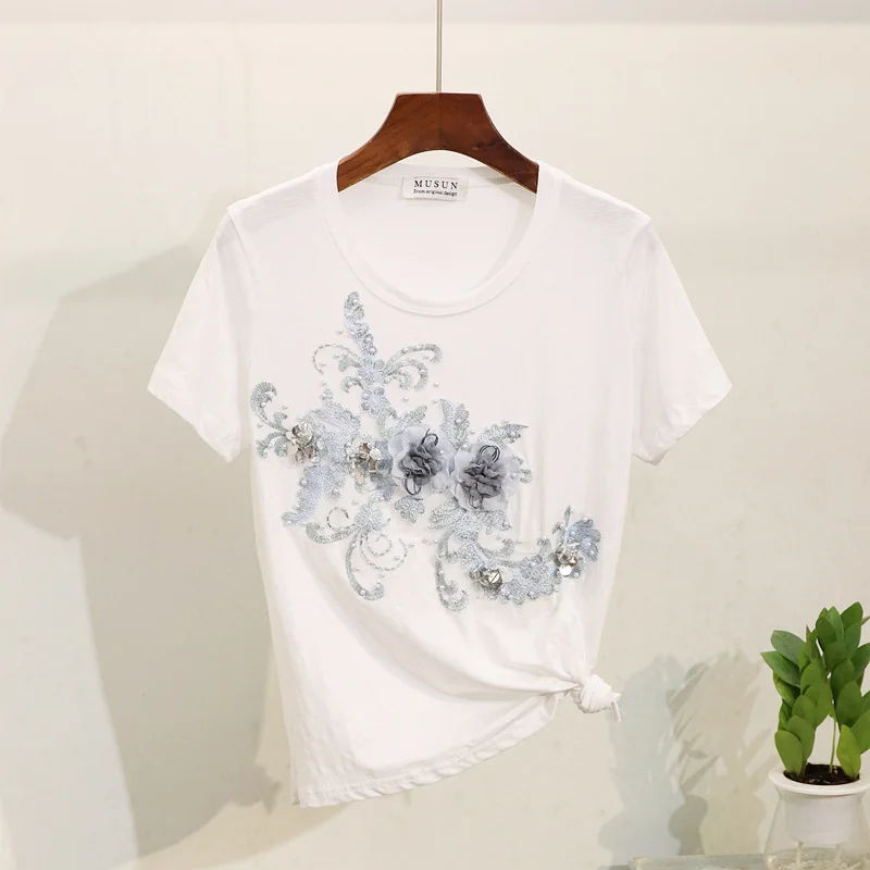 Вышивка бисером цветок Топы футболка джинсы брюки женский комплект корейский