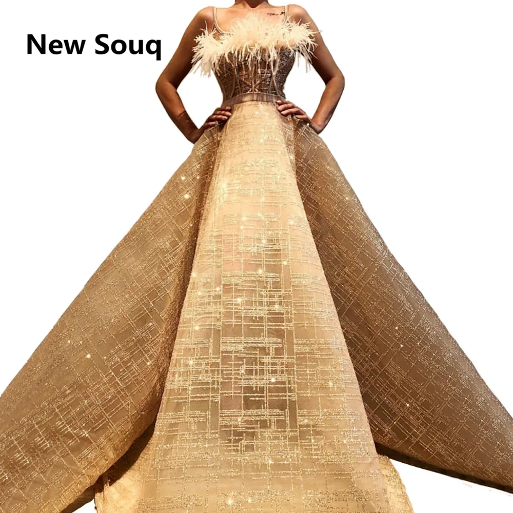 Gold A Line Long Prom Dresses Feather Saudi Arabic Middle East formal Evening Dress Dubai Party Gowns vestido de gala |