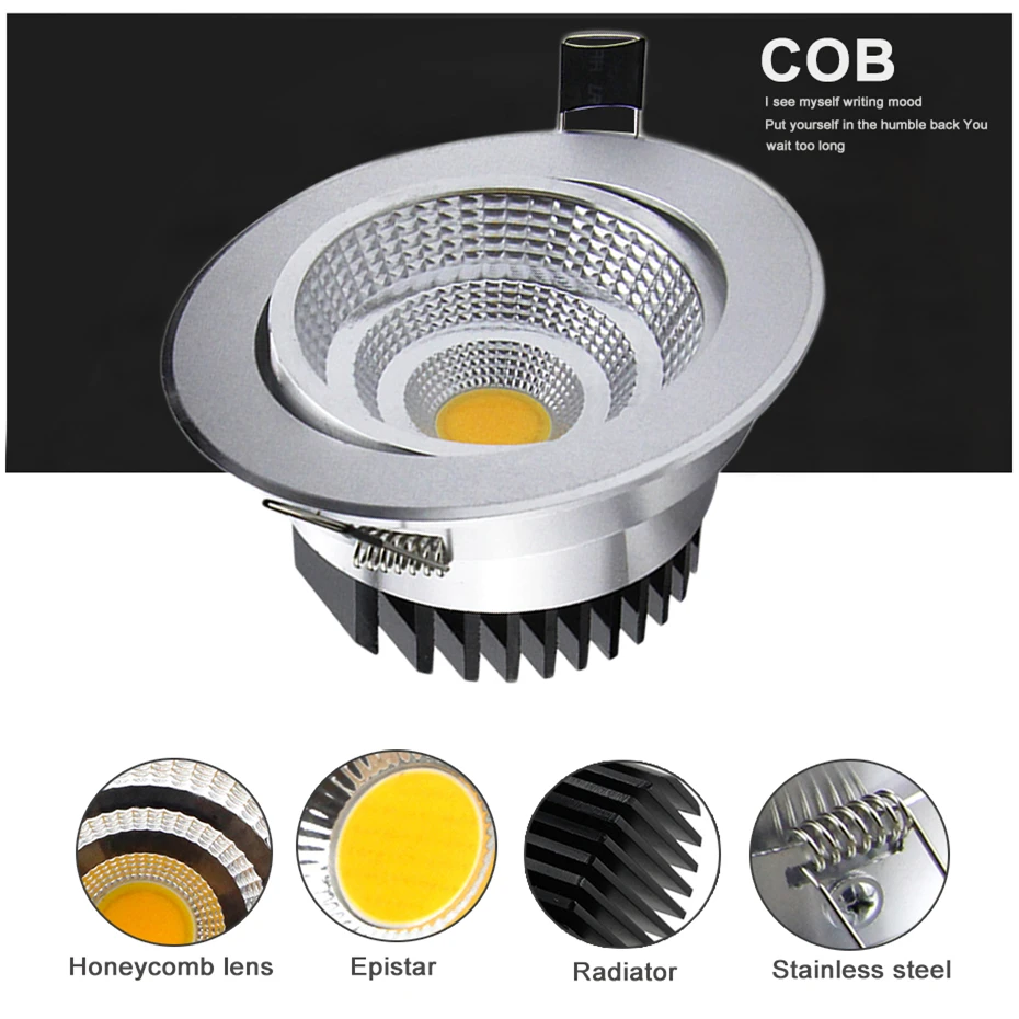 DBF-lámpara de techo de decoración de foco LED COB, foco empotrable LED de carcasa plateada regulable, AC110V/220V, 6W/9W/12W/15W/18W