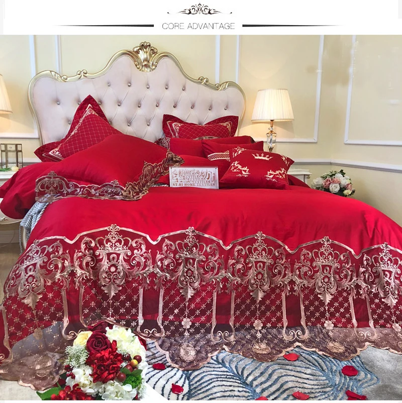 Luxury Lace 100S Egyptian cotton Red Wedding Bedding sets Queen King size Royal Duvet cover Bed sheet set Pillowcase 4/6pcs | Дом и сад