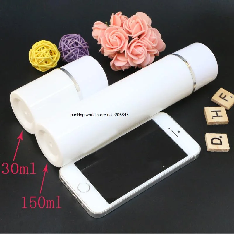 Белая пластиковая безвоздушная бутылка 150 мл с серебряной линией для