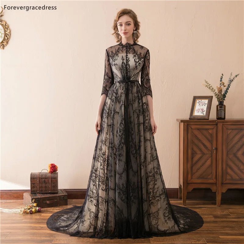 Женское вечернее платье с длинными рукавами Forevergracedress черное кружевное большого