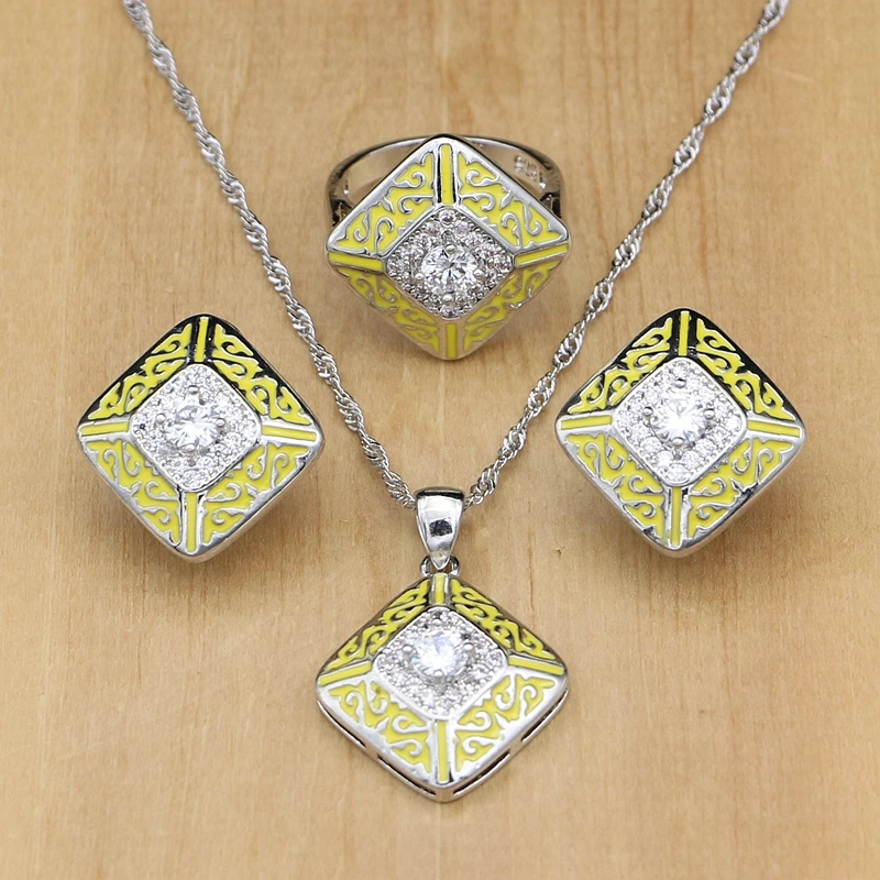 925 Silver Bridal Jewelry Cubic Zirconia Sets Yellow Rubber PpaintFor Women Earrings Stone Pendant/Rings/Necklace Set | Украшения и