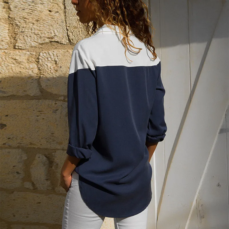 Женская шифоновая блузка с длинным рукавом белая или синяя рубашка в стиле