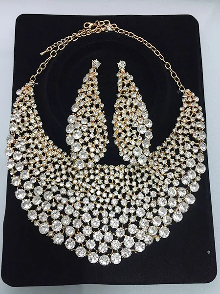WHITE GOLD PLATED Свадебные украшения Полный Кристалл Стразы большое ожерелье и серьги для женщин, Африканский Свадебный Ювелирные наборы - Окраска металла: WHITE GOLD PLATED