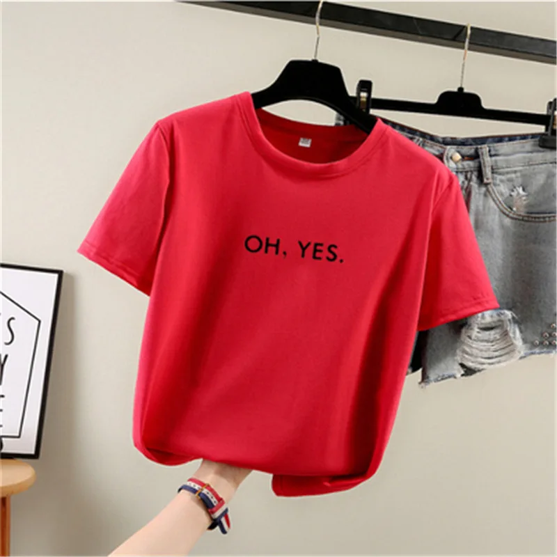 Женская футболка с буквенным принтом Oh Yes желтая круглым вырезом и коротким