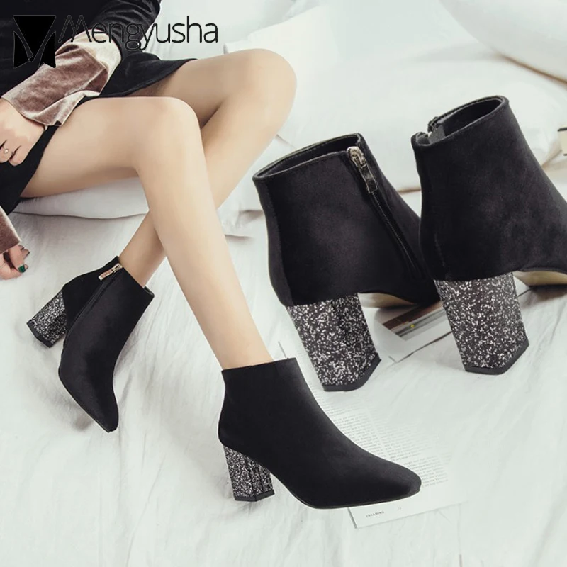 Женские бархатные ботильоны с блестками на каблуке зимние плюшевые теплые