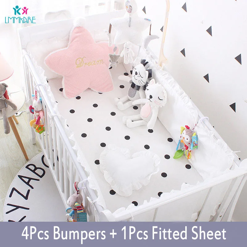 5Pcs Cotton Baby Crib Bumper Pads for Oval Crib Liner Set for Boys Girls Safe Bumper Guards Crib Rail Padding Grey/White