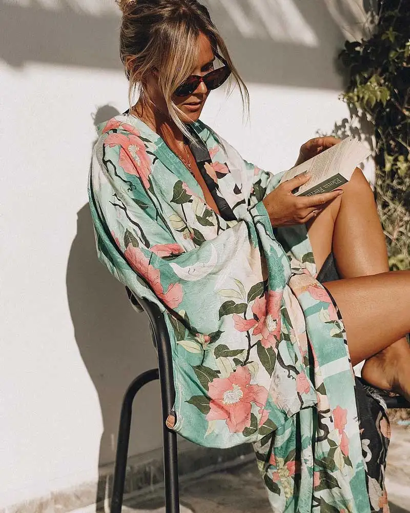 Зеленое винтажное Ретро Ночное Платье с принтом Boho maxi кимоно рубашка с рукавом Кардиган богемная Длинная блузка с запахом летние топы пляжная одежда