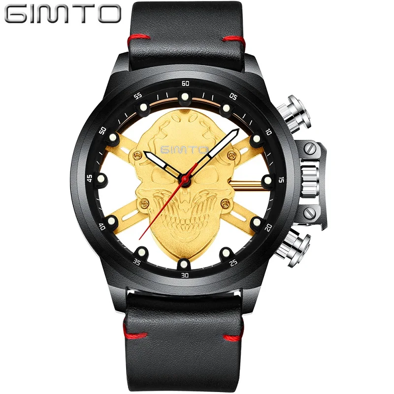 Gold Black Leather Стильные мужские часы в стиле панк с 3D рисунком, золотые часы, мужские стразы из нержавеющей стали, модные повседневные мужские часы, водонепроницаемые часы GM244 - Цвет: Gold Black Leather