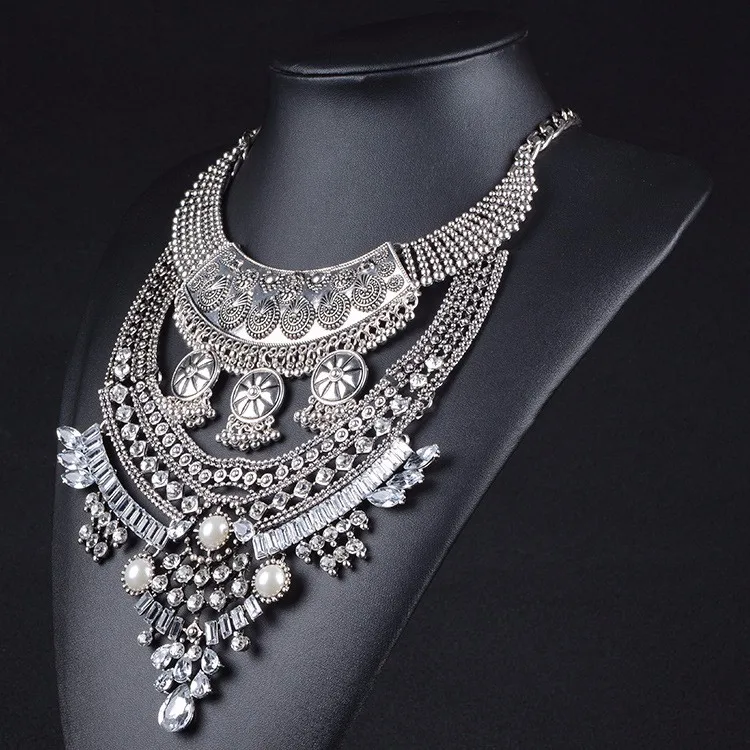 Boho серебряный металлический чокер колье классика длинное большое Хрустальное колье с подвеской Макси колье-чокер ювелирные изделия женские YN487