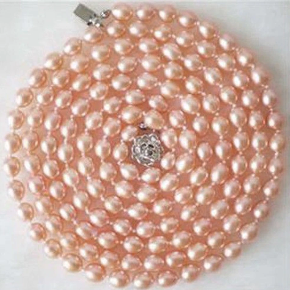 

7-8mm genuine natural pink freshwater cultured pearl beads necklace barrel rice shape engagement long chain gift 50inch MY5008