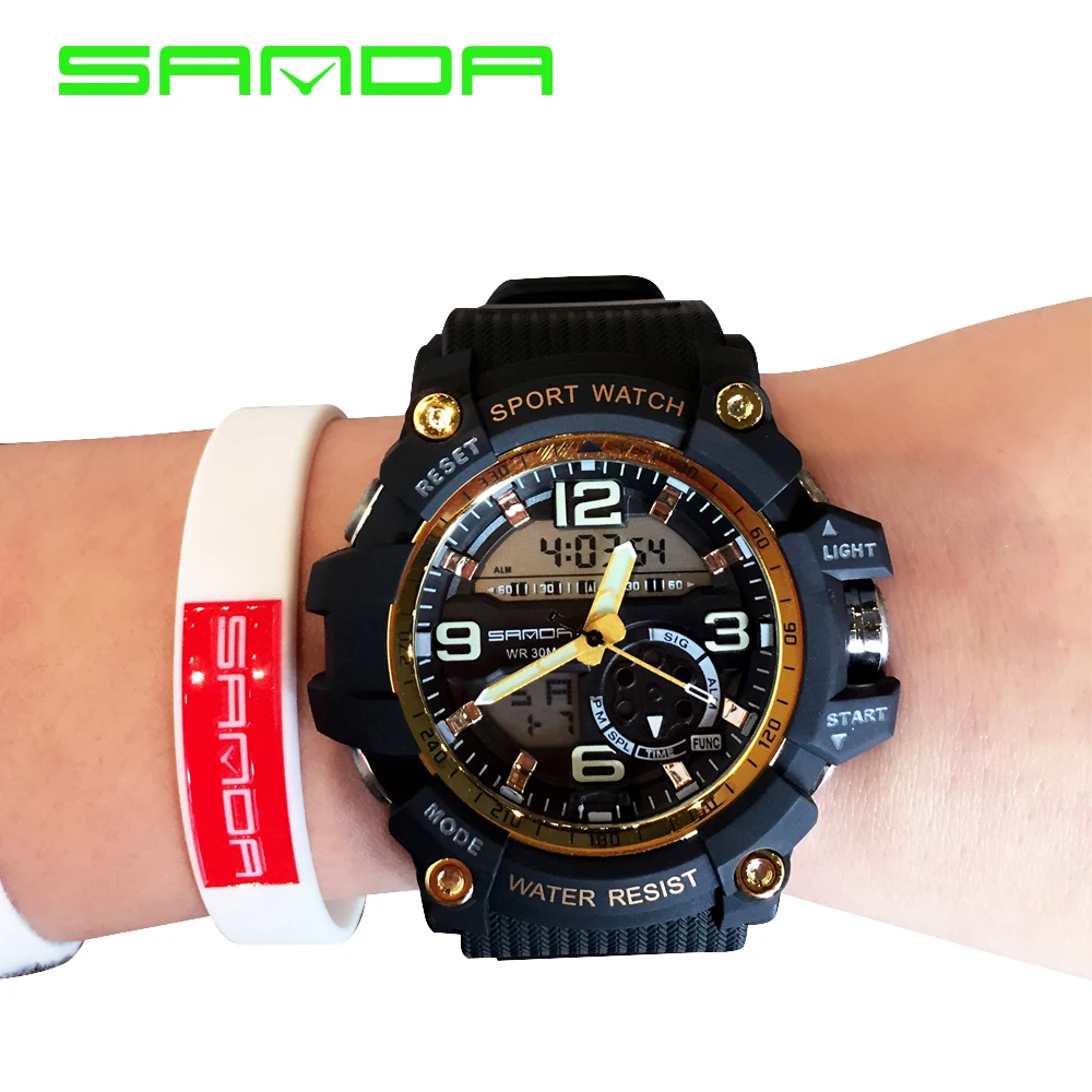 Black Golden G стиль Shock Sanda водонепроницаемые уличные спортивные часы мужские кварцевые часы цифровой военный светодиодный наручные часы Relogio Masculino - Цвет: Black Golden