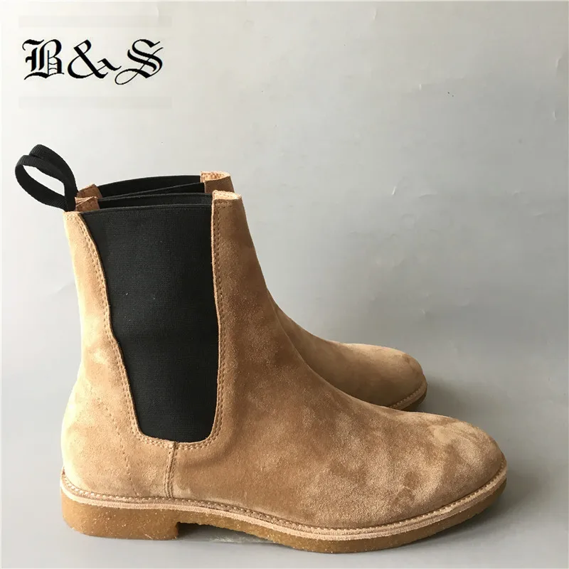 Мужские замшевые ботинки челси без шнуровки черные и уличные удобные зимние из