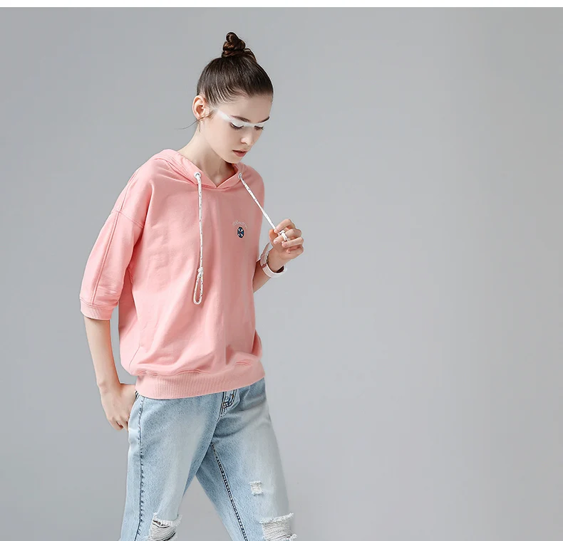 Toyouth, летние футболки с капюшоном, вышивка, короткий рукав, женская футболка, розовая, белая, Женская Базовая футболка, повседневные женские топы