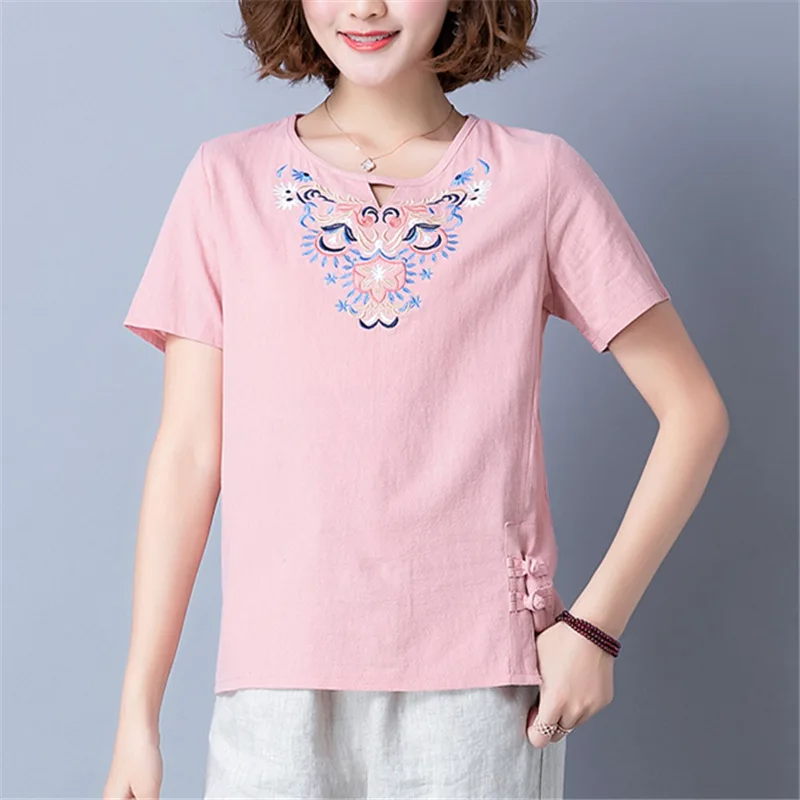 2019 модные летние женские льняные рубашки с коротким рукавом футболки круглым
