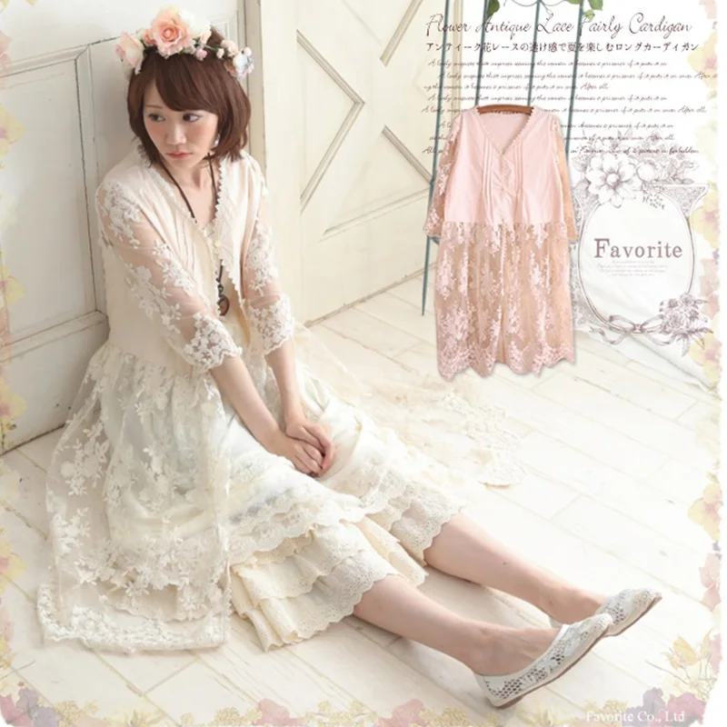 

Harajuku Mori Girl, милый кардиган, женская одежда, кружевной Цветочный слой, пэчворк, с вырезами, милый Kawaii, женский кардиган, платья C214