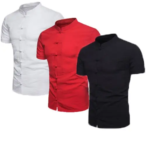 Men Slim Causal Fit Chinese Traditional Style Shirts Short Sleeve Casual shirt Solid Color Stand Neck | Мужская одежда