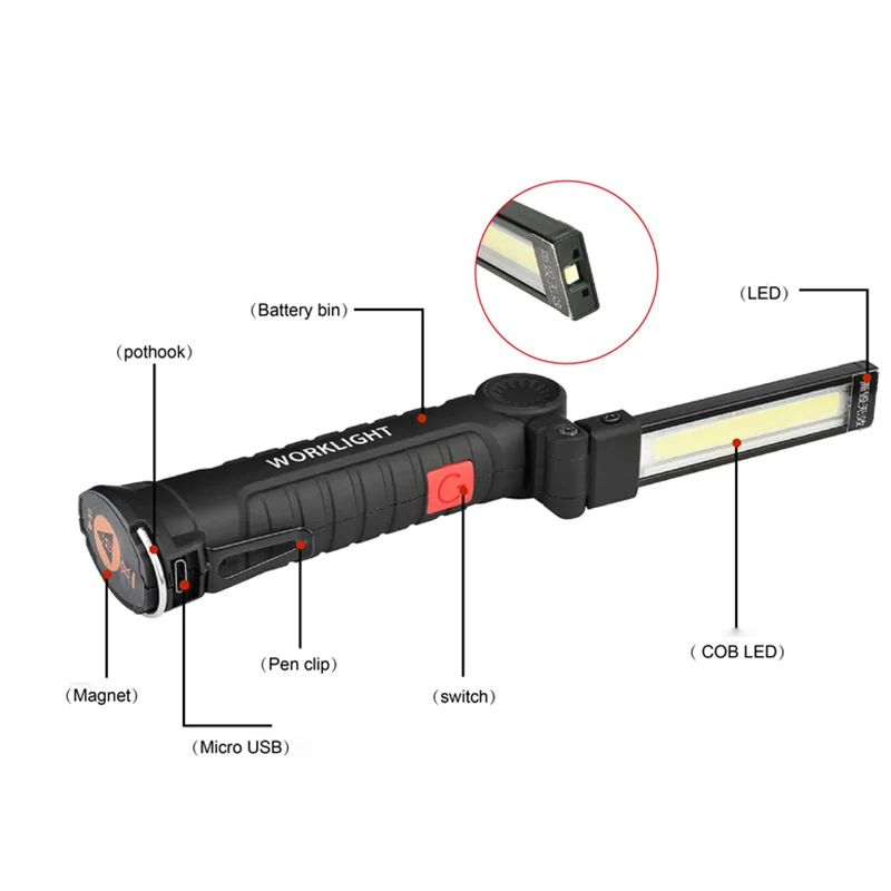 Белый + красный свет ing COB фонарик 5 режимов USB перезаряжаемый светодиодный фонарь