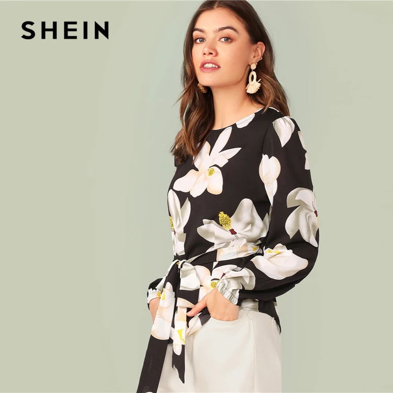 SHEIN блуза с цветочным принтом и закругленным подолом, с поясом, с рукавом Бишоп, элегантная, с поясом, весна-осень, блуза с круглым вырезом
