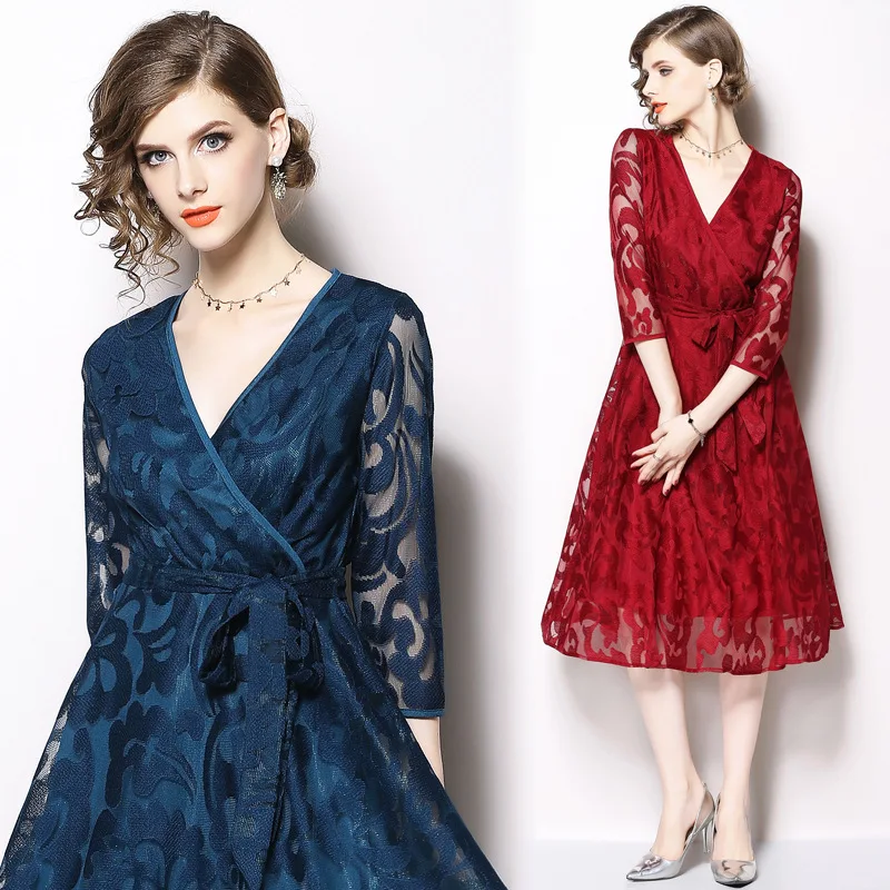 Новинка 2018 г. Осенняя мода рукав сексуальный v образный вырез красный BlueLadies