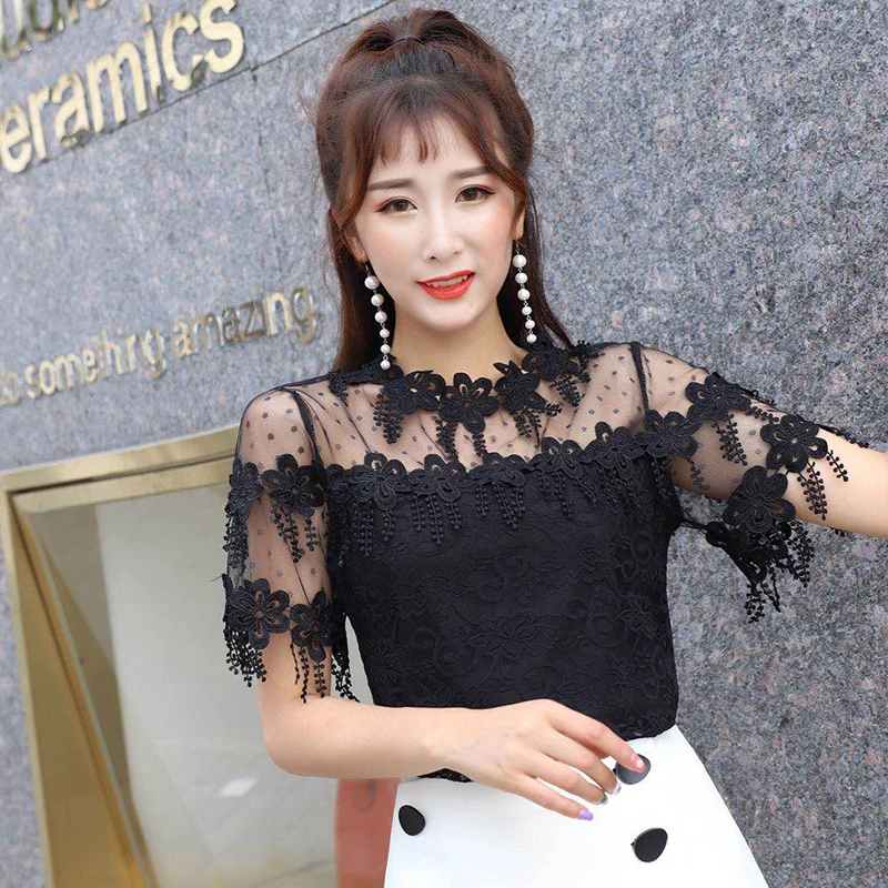 

tassel floral Women's Clothing summer style Blouses lace mesh perspective o-neck shirts sweet hollow out fashion woman tops