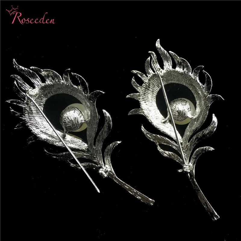 

Rhodium Plated Rhinestones Peacock Feathers Fashion Pearl Brooch Pins RE3264