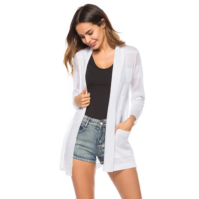 

Women Striped Lapel Long Cardigan Pocket Full Sleeve Knit Sweater Sun Protection Cardigan Ultrathin Kniting Shirt Beach Cover up
