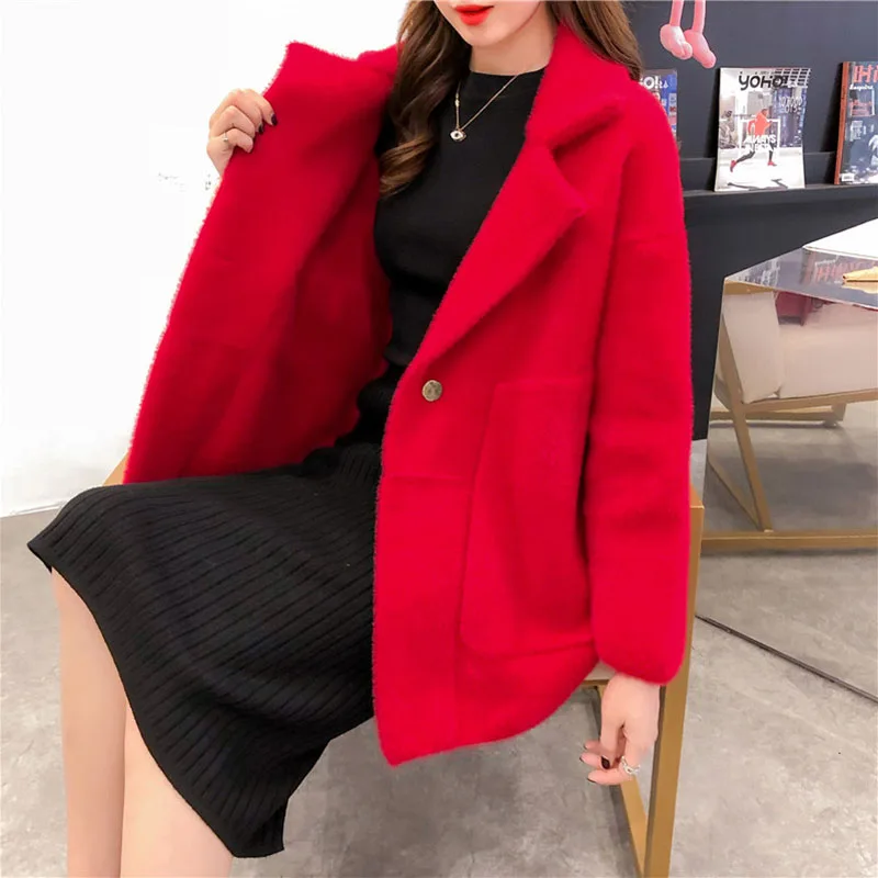 new women imitation mink cashmere coat autumn winter Korean loose Super soft candy color sweater female knit cardigan thick |