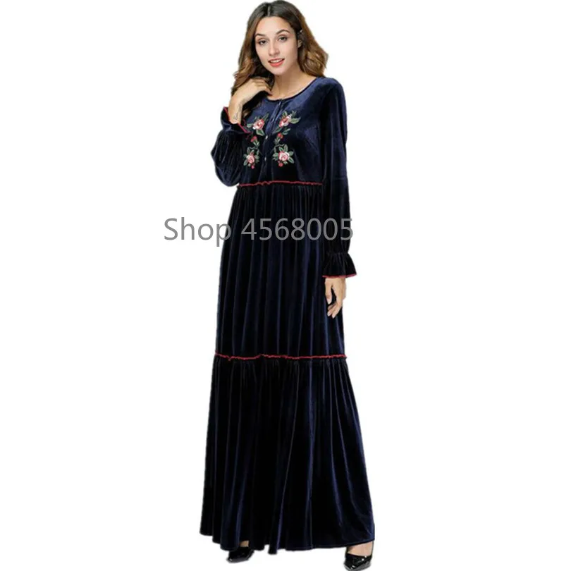 Бархат abaya s Вышивка темно-синие женские мусульманские платья плюс размер халат