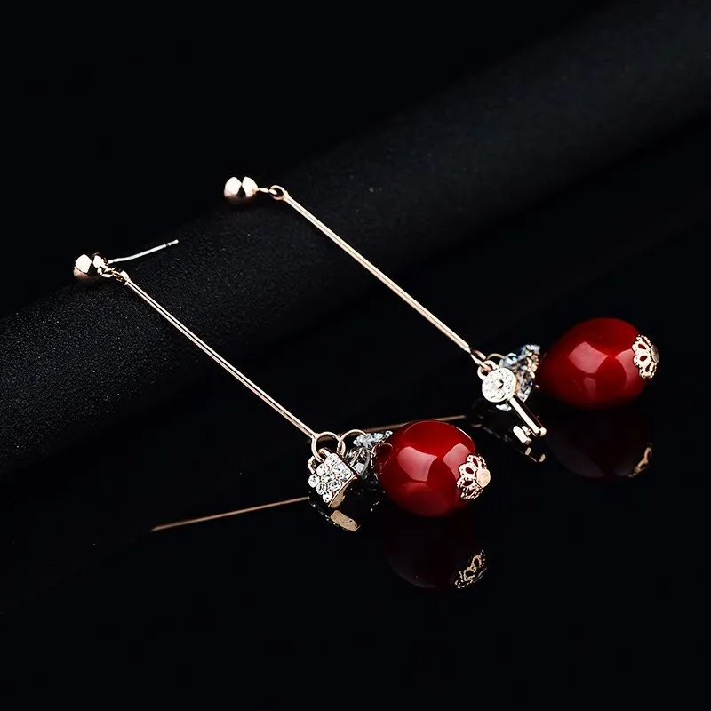 HOT Red Drop Earrings Rose Gold Color Cubic Zirconia Crystal Bride Wedding Jewelry Natural Artificial Coral Women Earring | Украшения и