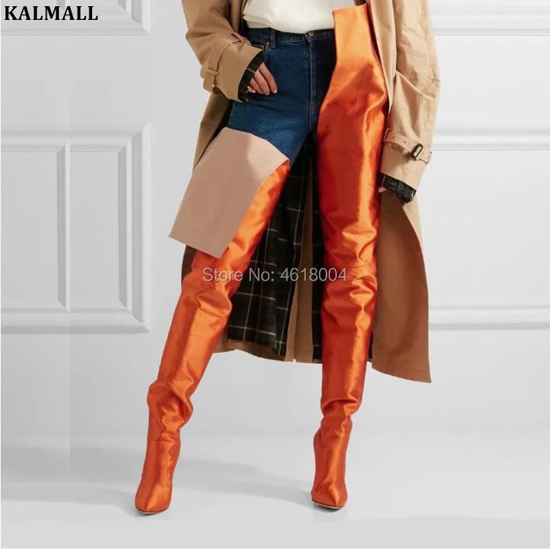 KALMALL/Большие размеры 45; сапоги для ночного клуба с высокой талией; женские шелковые сапоги до бедра с острым носком и шаговым швом; сапоги в стиле Рианны; женская модная обувь для подиума