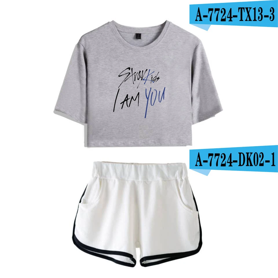 LUCKYFRIDAYF Stray Kids I Am You крутые модные летние шорты и футболки женские комплекты из двух предметов поп-кроп Топ мягкая сексуальная одежда - Цвет: gray white