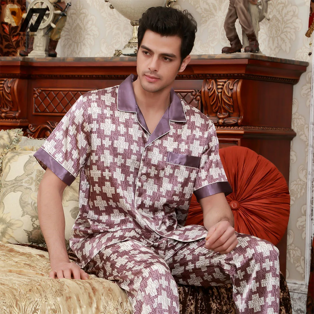 Шелковые комплекты пижамы атласа ночная мужчины лето Loungewear пижама комплект с