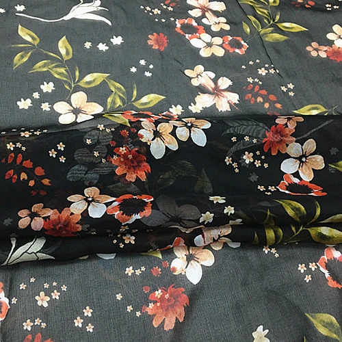 Цветочный принт на черном фоне чистый шелк шифон ткань прозрачный SCF103|Ткань| |