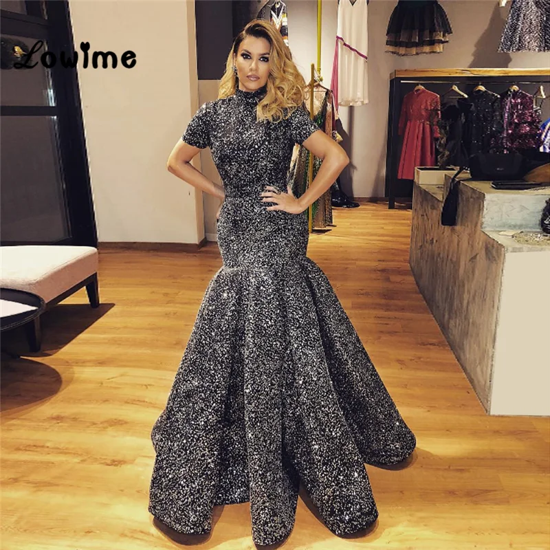 Женское вечернее платье-русалка черное платье с коротким рукавом для выпускного