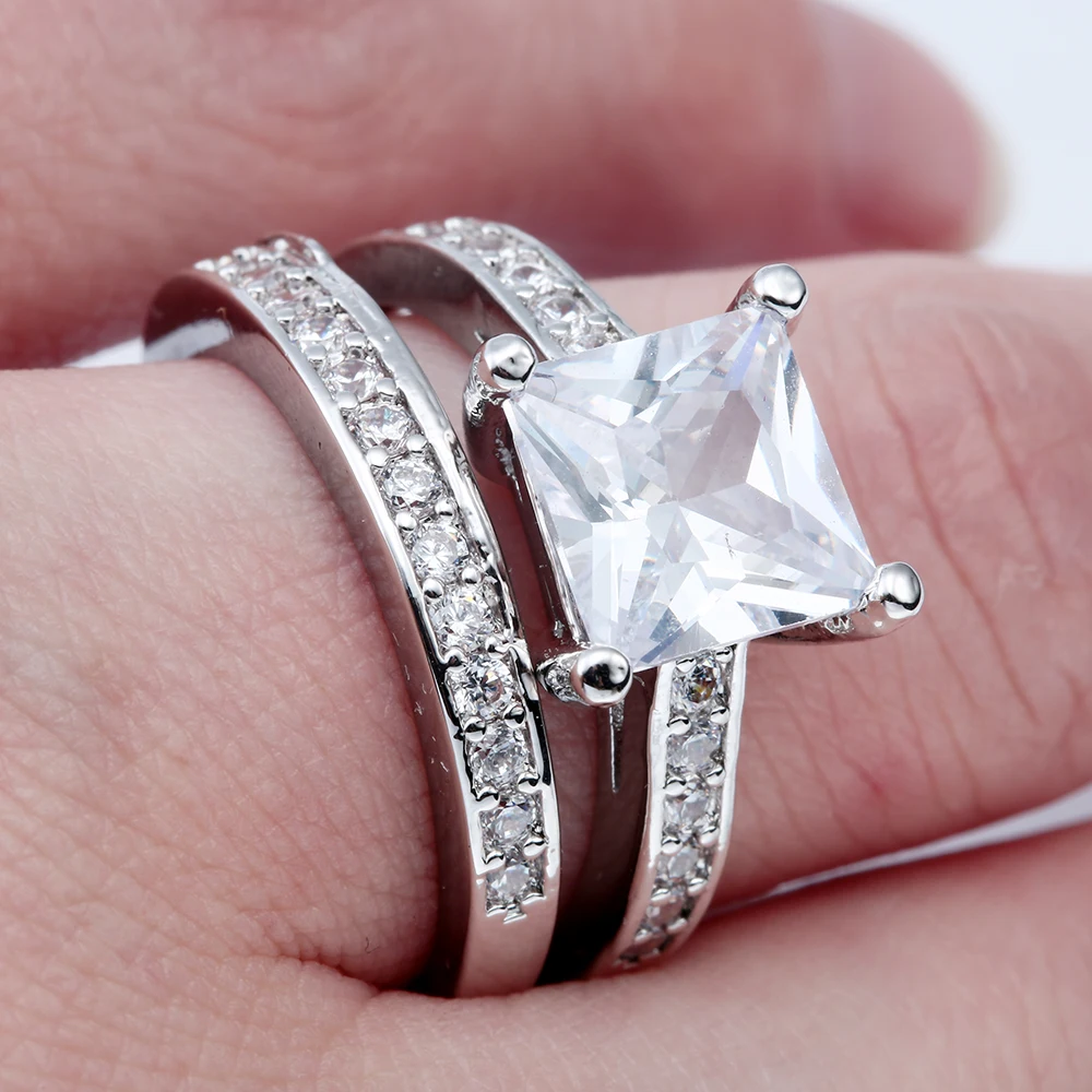 vintage silver plated promise Rings sets new fashion large square zircon jewelry gift princess Engagement Ring for women | Украшения и