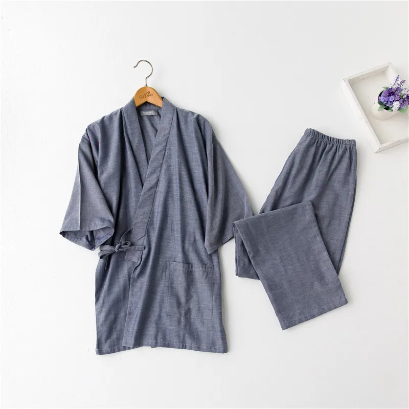 Парные хлопковые Пижамные комплекты Yukata для мужчин и женщин, японское кимоно, халат, топ и штаны, набор, древние китайские пижамы, костюм - Цвет: 11 Navy Grey