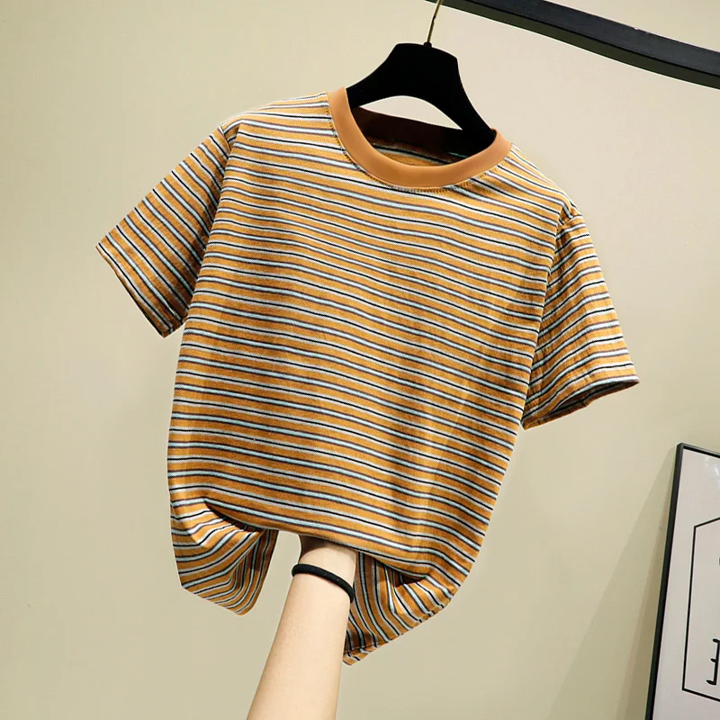 Женская Винтажная футболка в полоску из 100% хлопка шикарная уличная одежда с