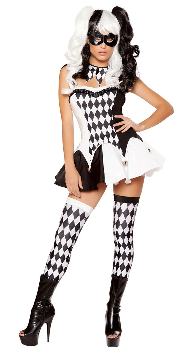 Women White Black Plaid Sexy Naughty Harley Costume Halloween Movie Quinn Bad Guy Joker Clown Cosplay Outfit