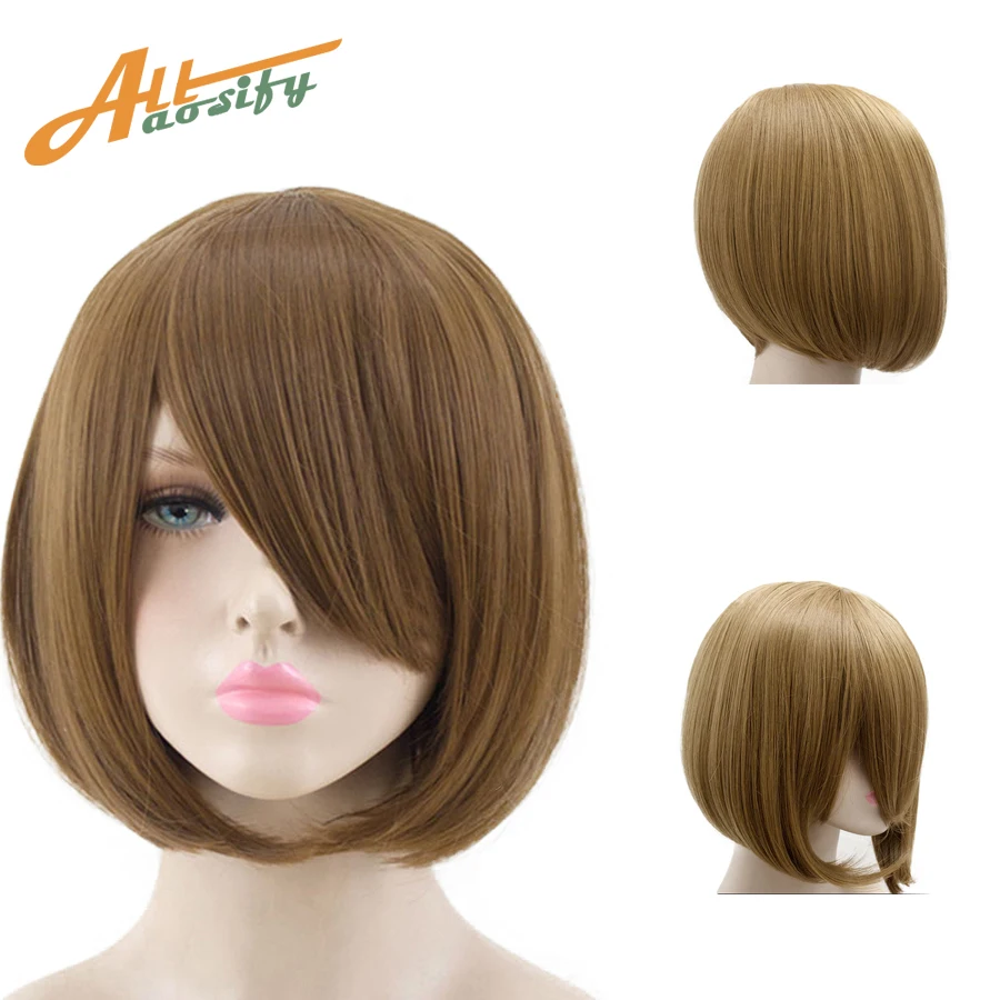Allaosify, 23 цвета, 14 дюймов, Короткий прямой парик, коричневый, белый, синий, красный, высокотемпературные синтетические парики, вечерние парики для косплея