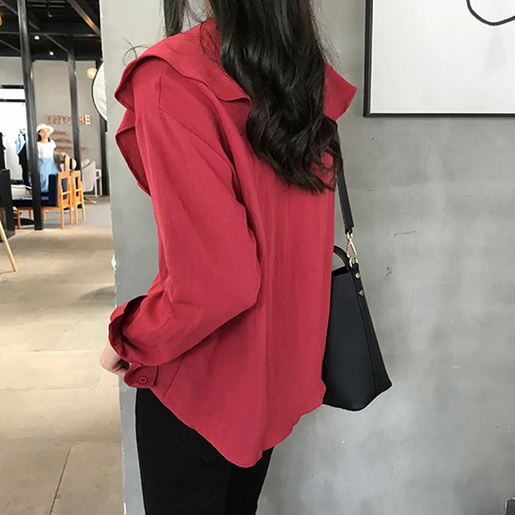 4XL Корейская Милая женская блузка с длинными рукавами и рюшами рубашка 2019