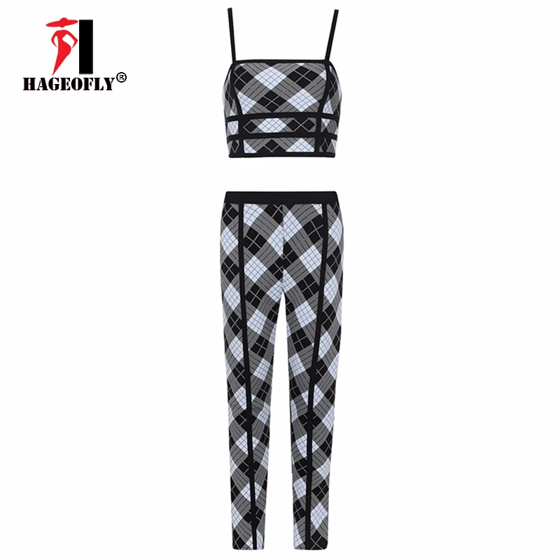 plaid Сексуальный Модный комплект из двух предметов, клетчатый облегающий топ с квадратным вырезом и коротким укороченным топом с бандажными штанами, вечерние костюмы для женщин - Цвет: plaid