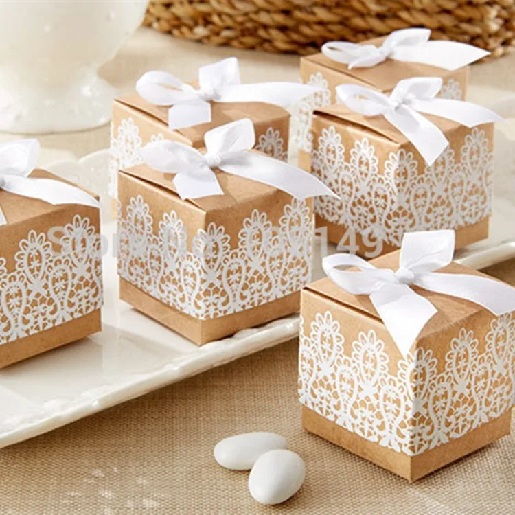 

(100 pieces/lot) Creative Gift box Rustic and Lace Kraft Favor Box With Ribbon Wedding and Party Decoration Candy box paper box