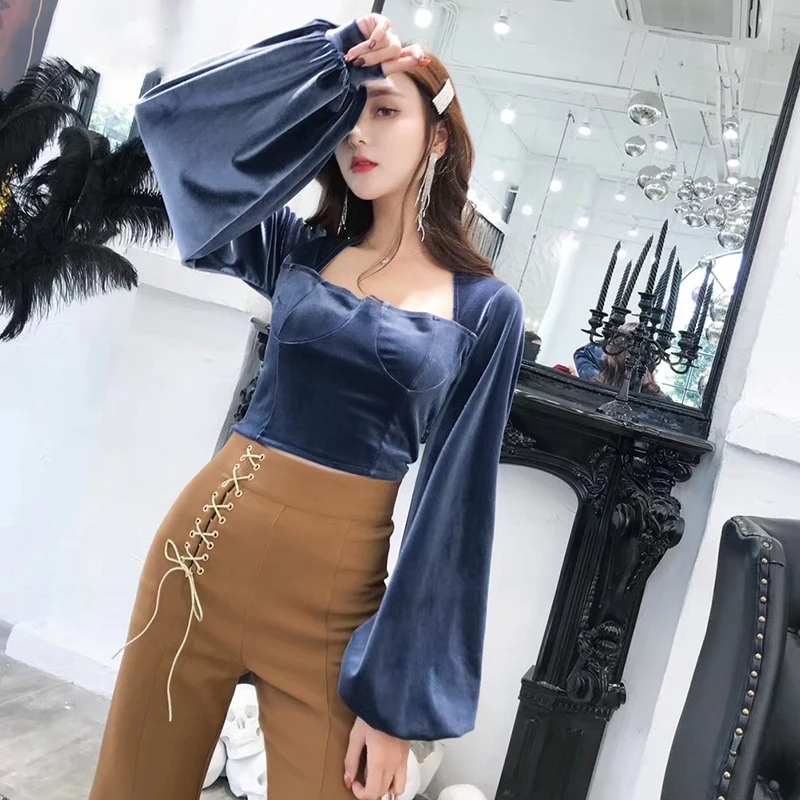 TWOTWINSTYLE велюровые Короткие топы женские тонкие пышные с длинным рукавом необычный воротник женские футболки сексуальная модная одежда осень