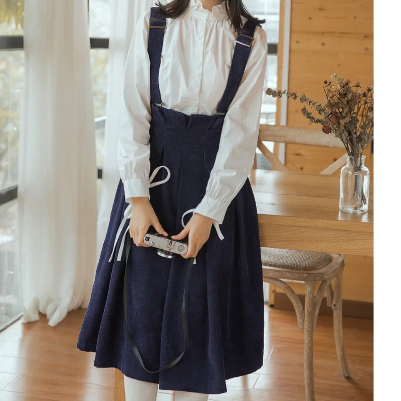 Navy Blue Mori Girl Осень Зима Женское платье без рукавов Спагетти ремень Свободные повседневные женские Vestidos Элегантный вельвет сладкий леди Сарафан - Цвет: Navy Blue