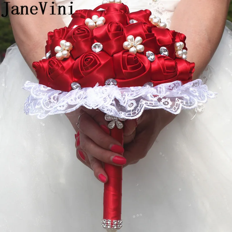 JaneVini 2019 бисерные бордовые Цветочные белые кружевные свадебные букет из бисера