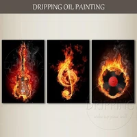 free shipping hand painted 3 pieces abstract burning music oil painting abstract instrument musical painting for pub decoration