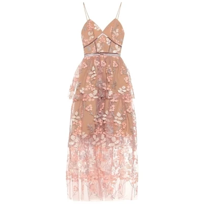 

Self Portrait Dresses 2019 Vacation sexy style pink V-neck Dress Strapless Floral embroidery elegant women Ruffles Long Dress
