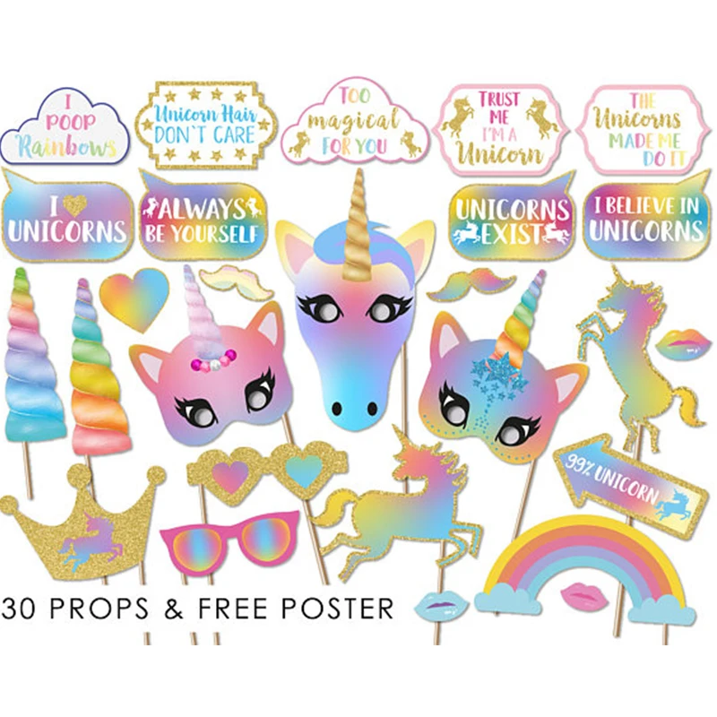

30pcs Unicorn Birthday Party Decorations Rainbow Unicorn Photobooth Props Baby Shower Wedding Party Supplies